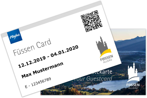 Muster einer Füssen Card mit personalisierter Vorderseite und einer Rückseite mit Blick auf Füssen